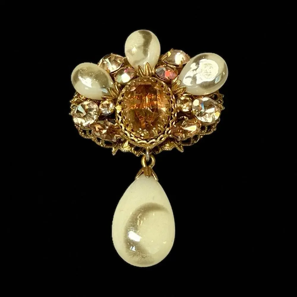 Vintage Signed Regency Beautiful Art Glass Stone Dangle Brooch Gold Tone